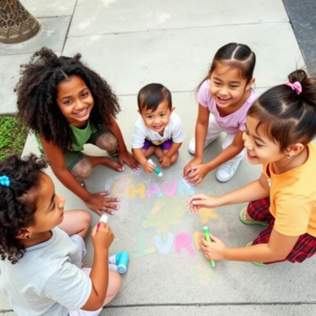 Children of different ages and backgrounds draw colorful chalk art together on a sidewalk, making friends through play